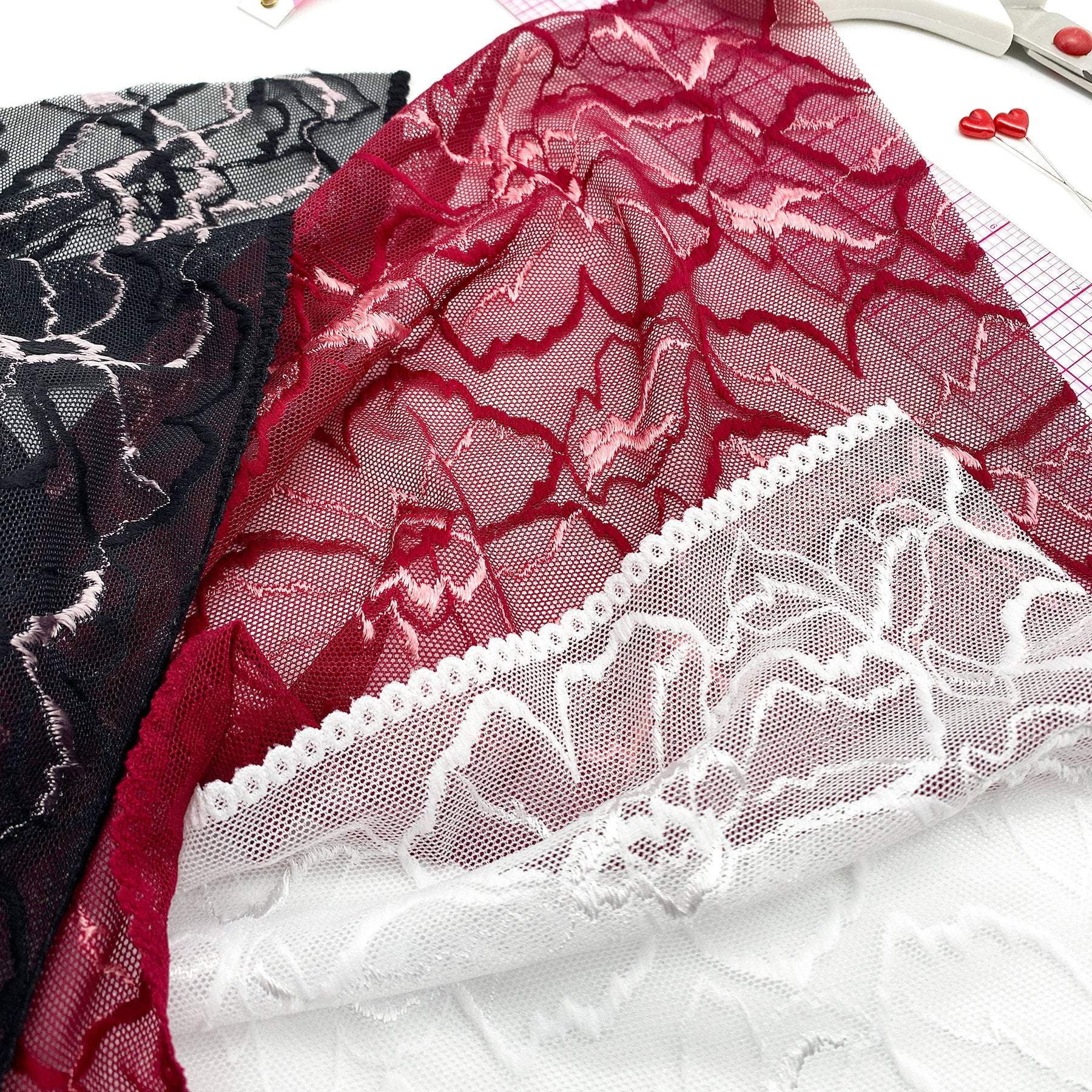 9" (23cm) Stretch Lace, Soft, High Quality in Black, White, Black-Pink or Wine-Pink- by the 1 yard - Image 6