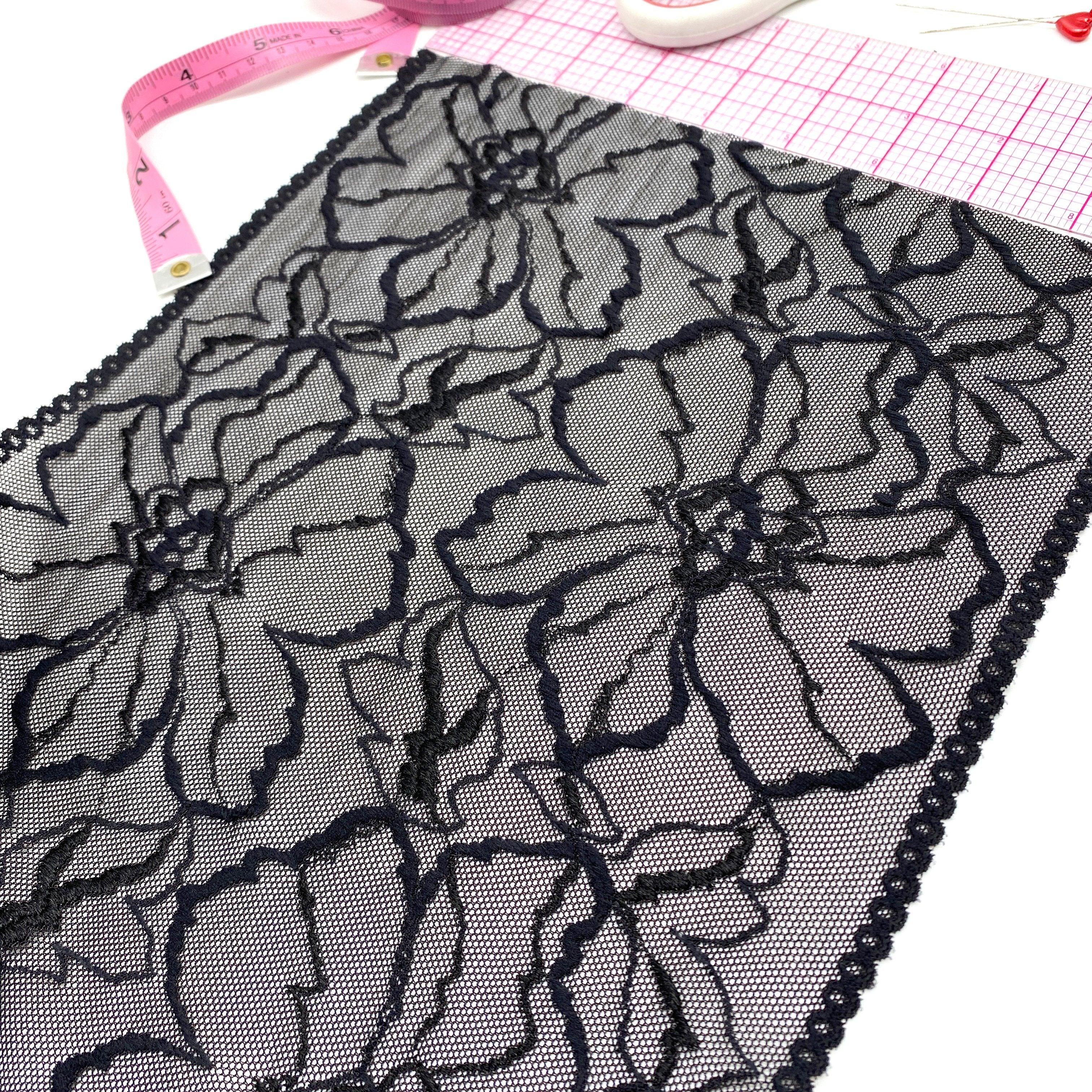 9" (23cm) Stretch Lace, Soft, High Quality in Black, White, Black-Pink or Wine-Pink- by the 1 yard - Image 7